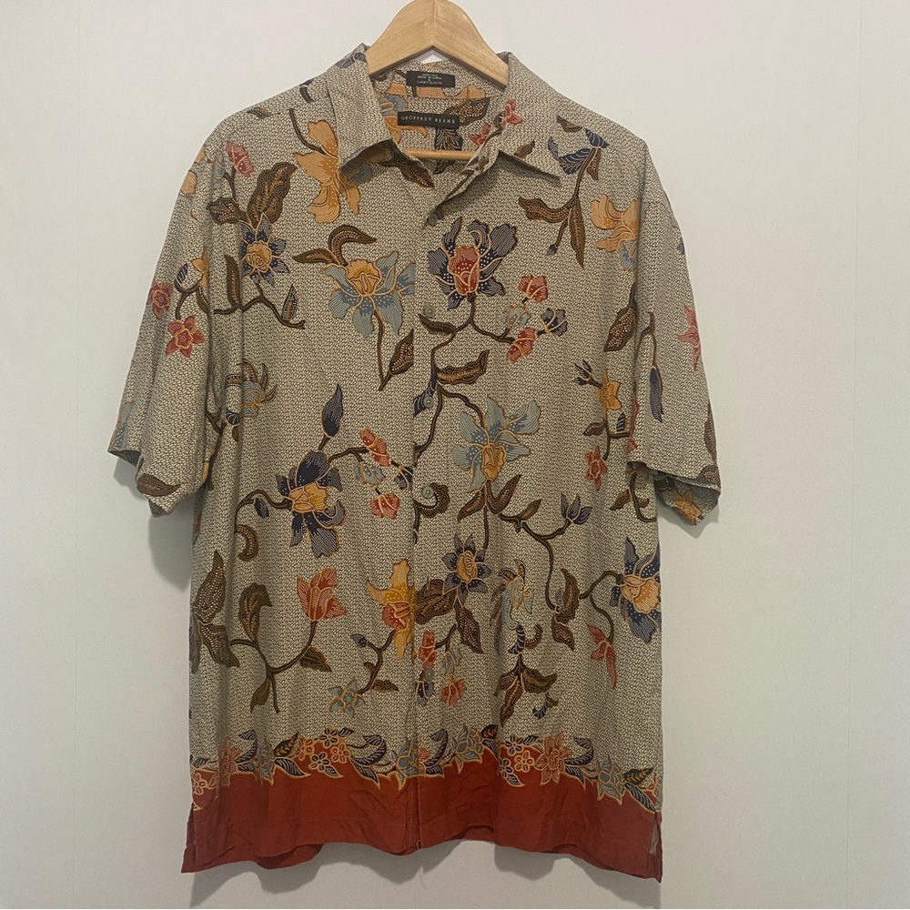 Vintage Geoffrey Beene 100% Silk Hawaiian Shirt Floral‎ Camp Collar Retro Mens L